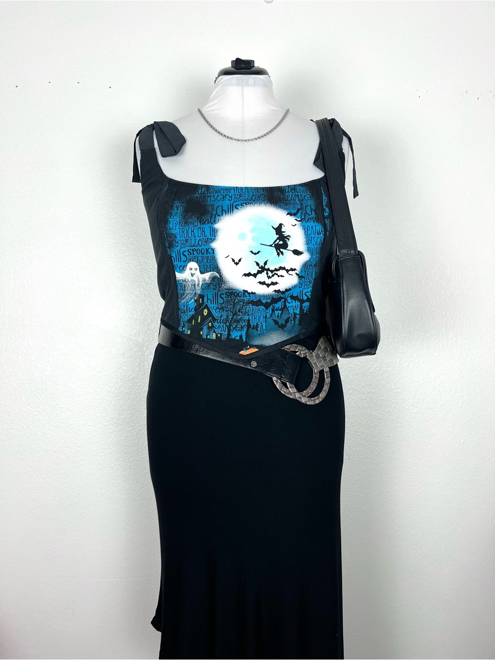 Halloween Moon Graphic Tie-Strap Corset Top in Black & Teal